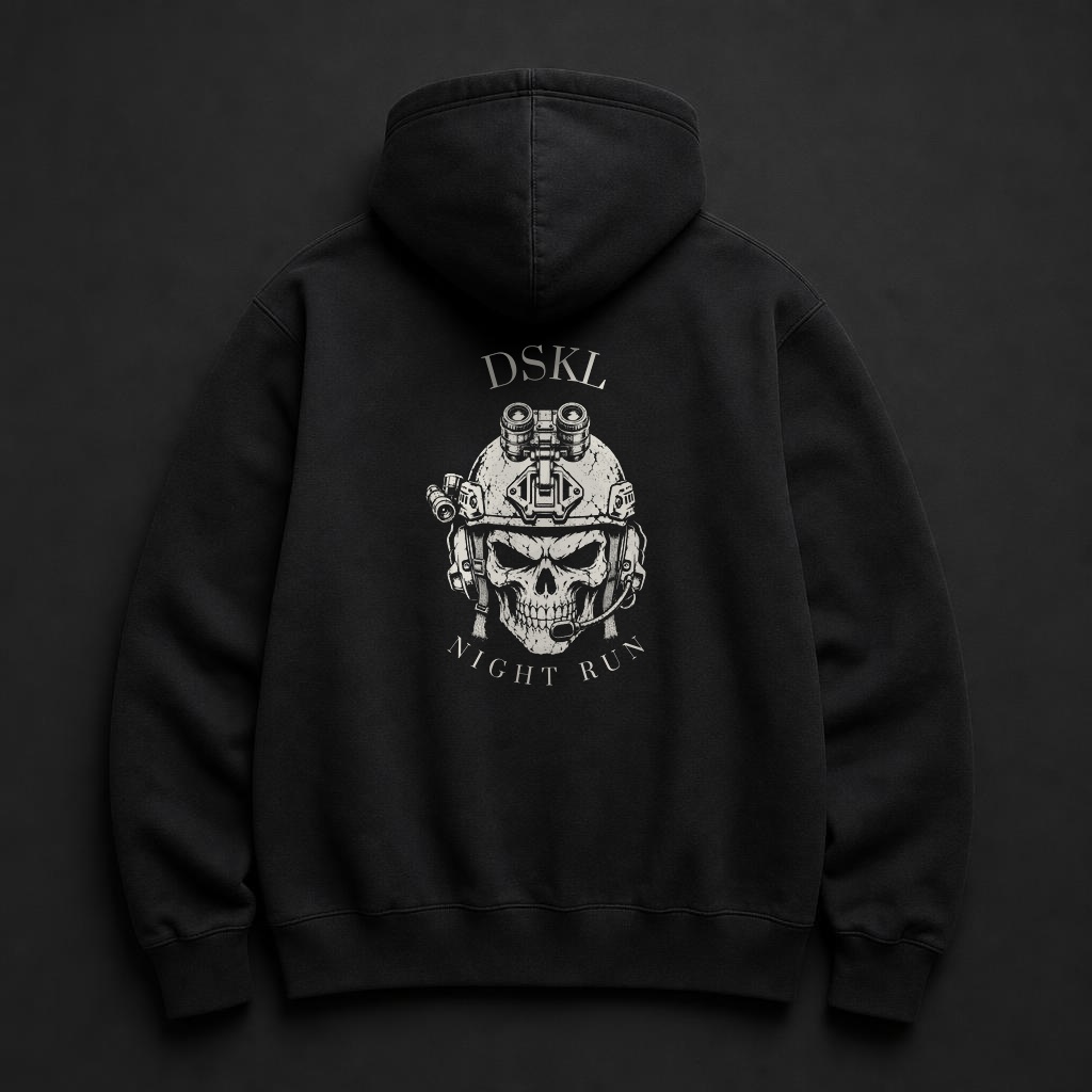 Black hoodie with the DSKL Night Run skull design printed on the back
