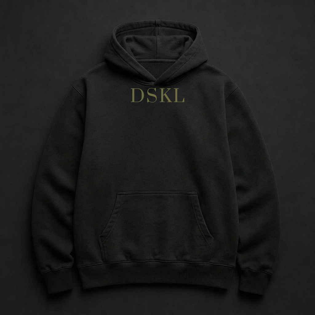 Black hoodie with the DSKL olive wordmark printed on the chest