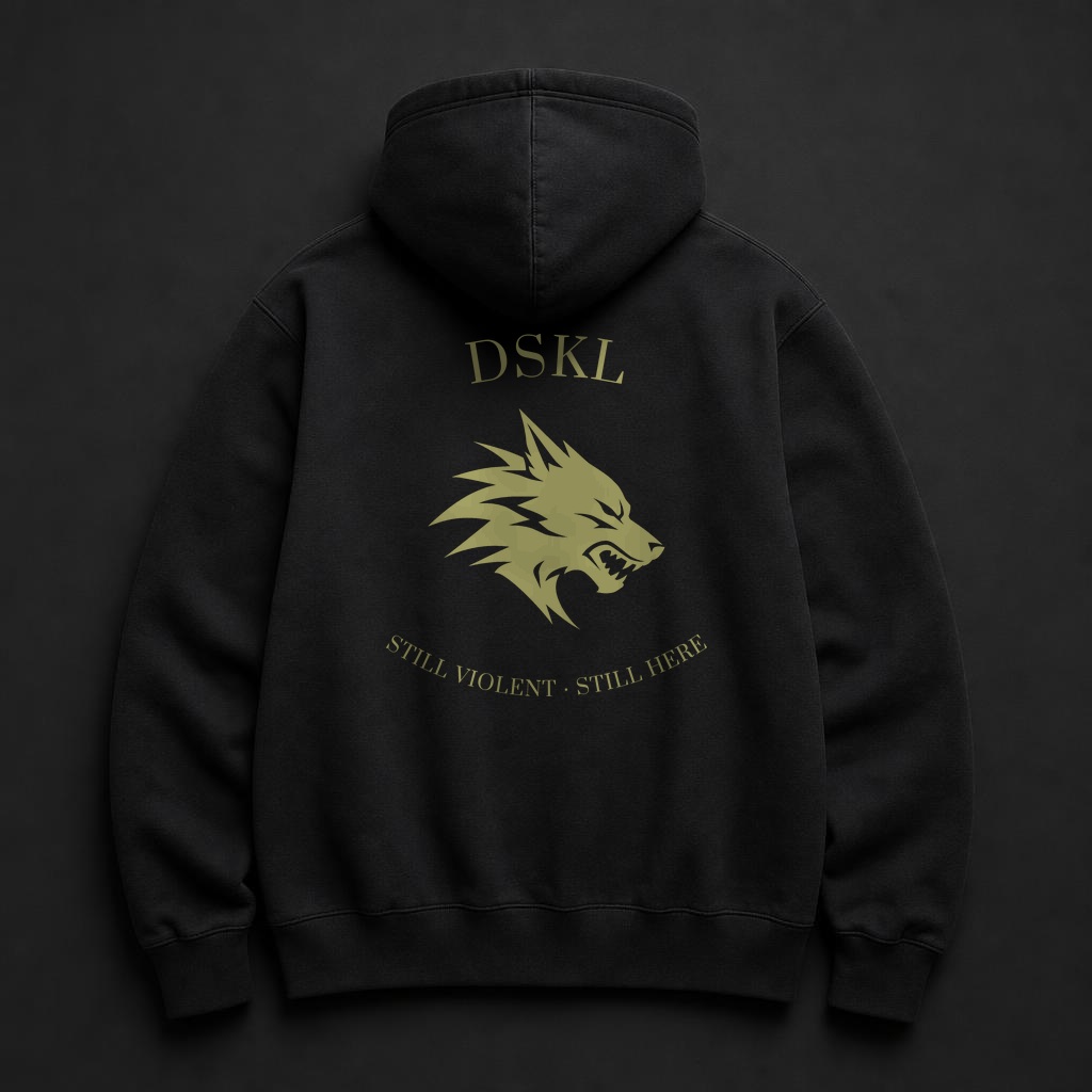 Black hoodie with the DSKL olive wolf emblem printed on the back
