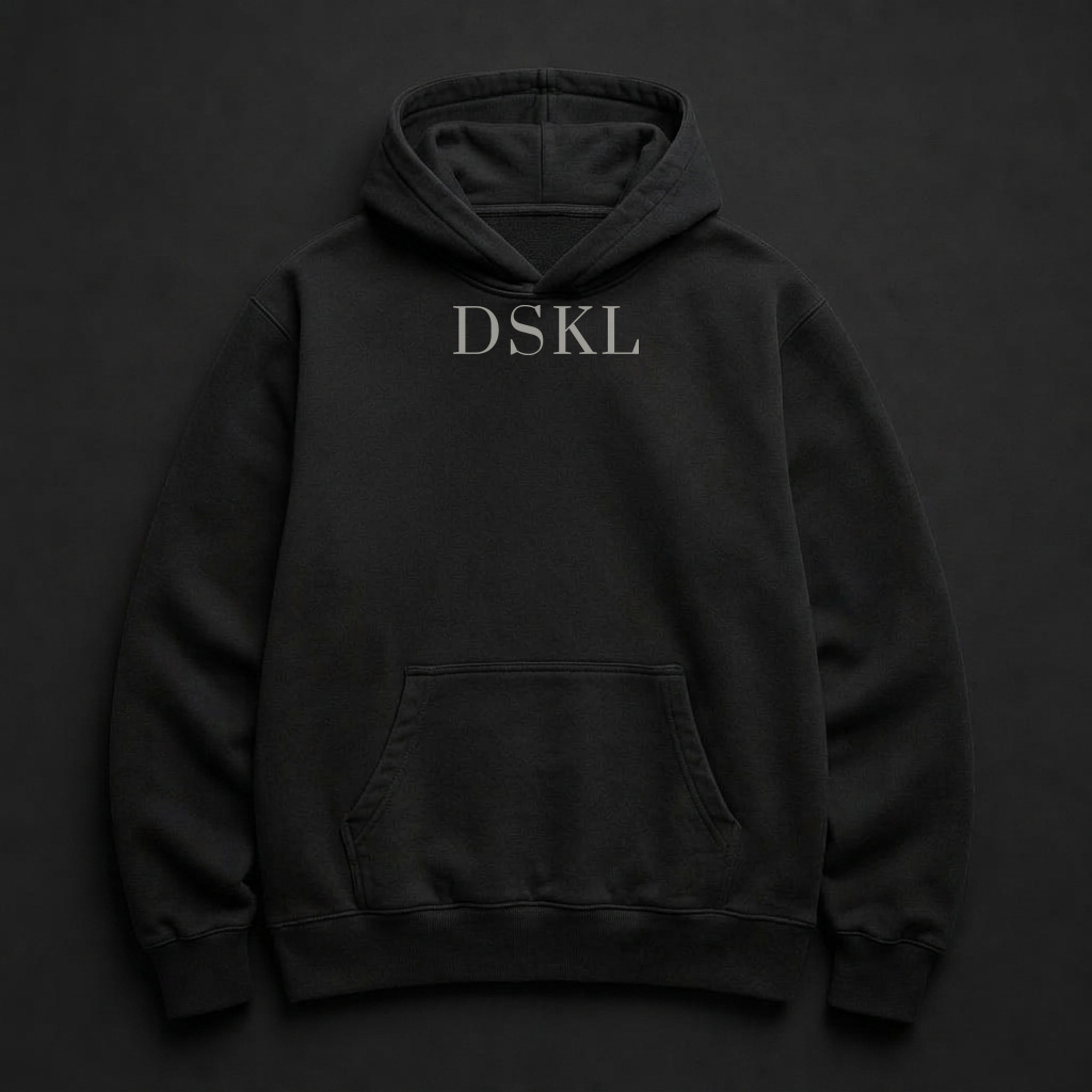 Black hoodie with the DSKL wordmark printed in white on the chest